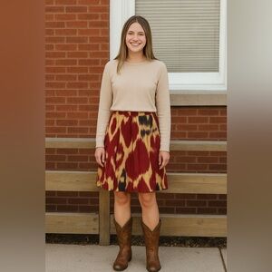 Lauren Ralph Lauren Pleated 100% Silk Skirt 12 Aztec ethnic western pockets full